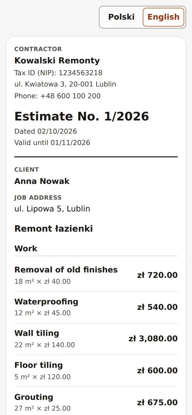 Estimate as a finished document