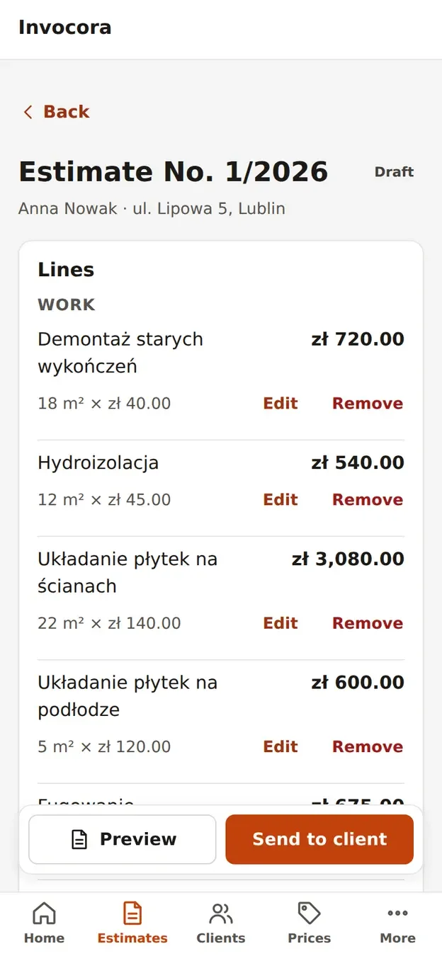 Estimate editor from your own price list