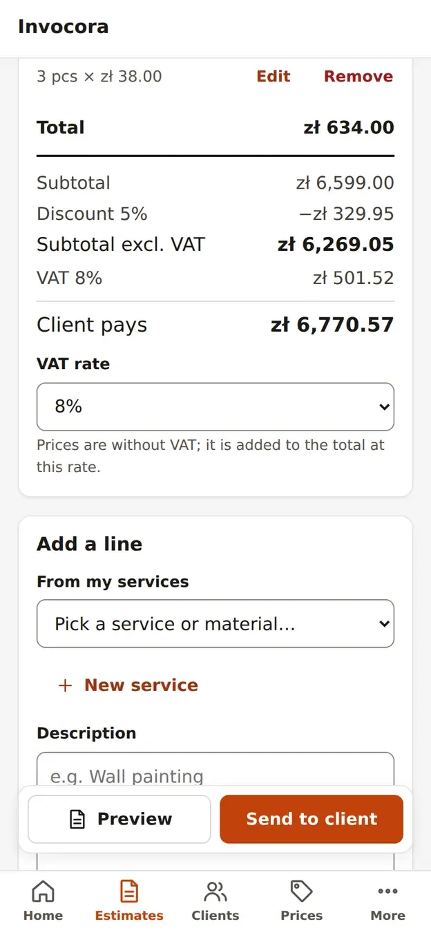 Totals: discount, VAT, amount