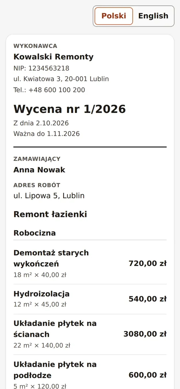 Kosztorys jako gotowy dokument