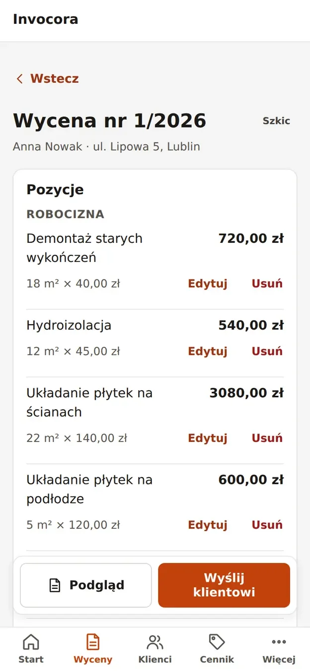 Edytor kosztorysu z własnego cennika